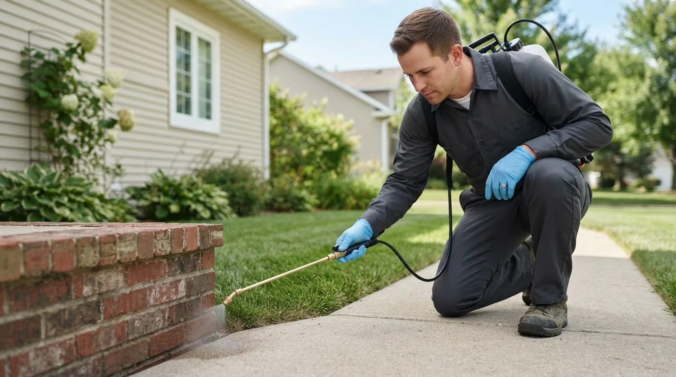 Pest control technician treating a home near Hector, MN